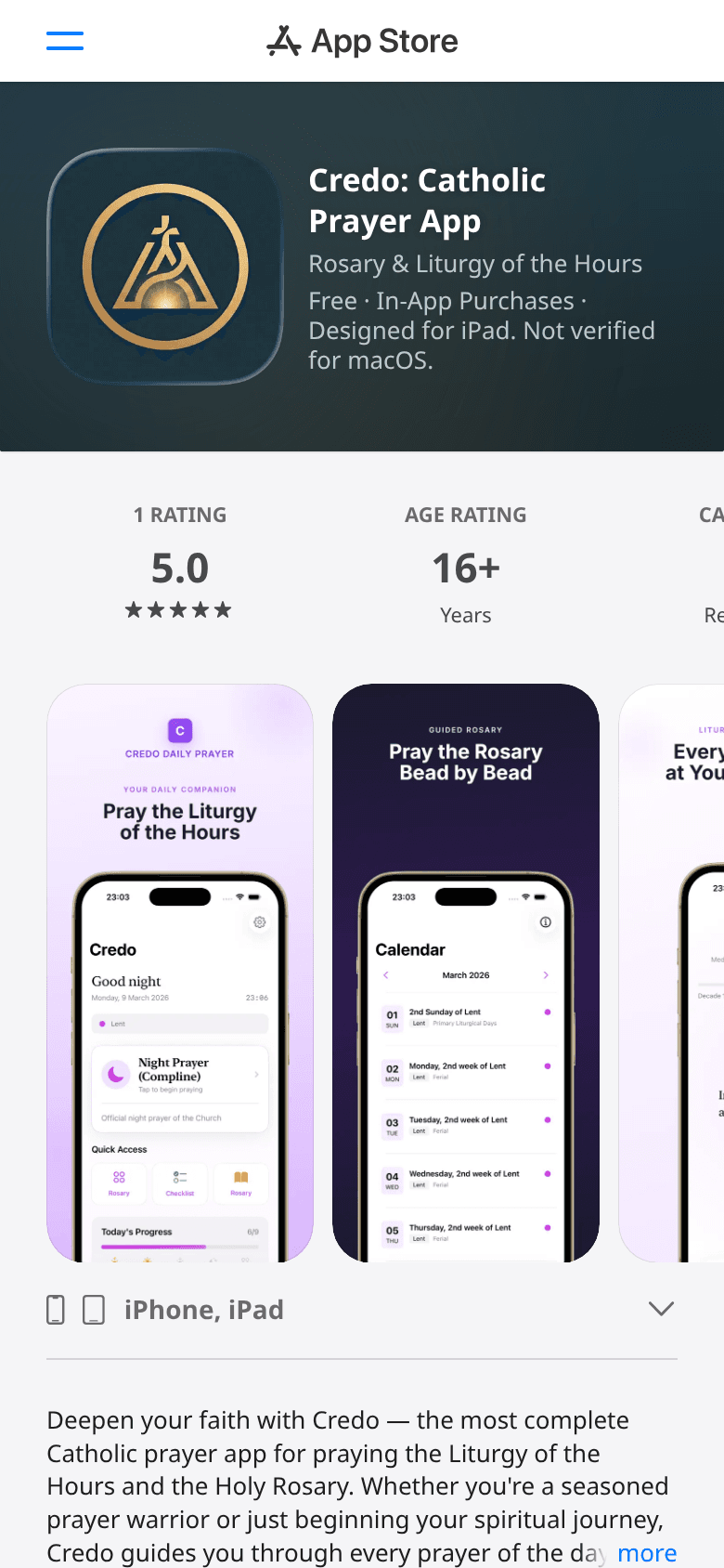 Credo Prayer App: Aplicație catolică de rugăciune pentru Liturgia Orelor și Rozariu, publicată în App Store.