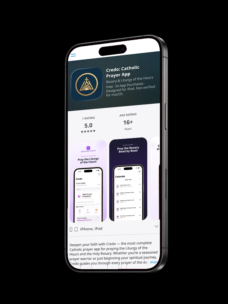 Credo Prayer App: Aplicație catolică de rugăciune pentru Liturgia Orelor și Rozariu, publicată în App Store.